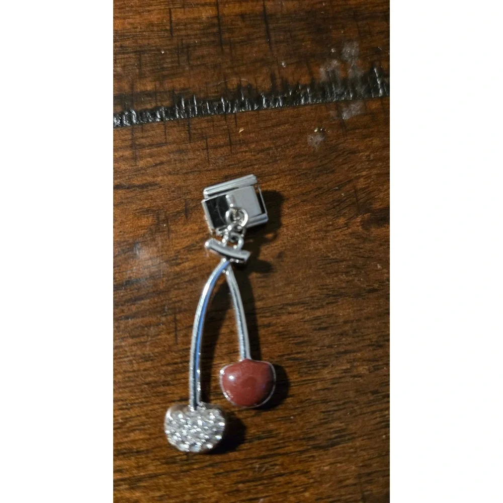 Stainless Steel Red Cherry Dangle Italian Charm Bracelet Link Rhinestone Silver
